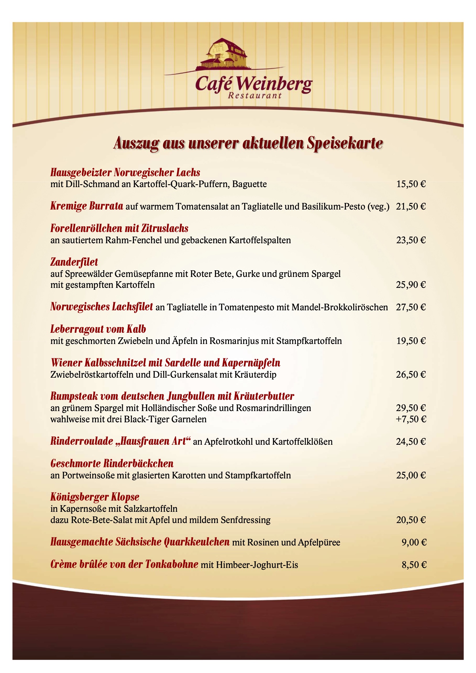 Auszug aus unserer Speisekarte