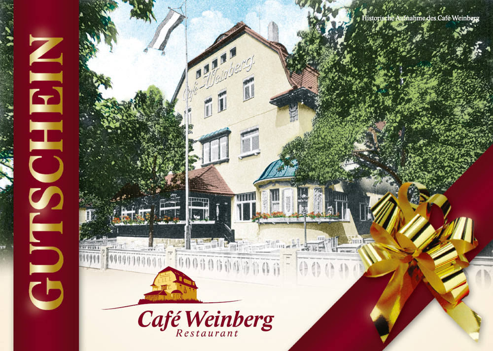 Fröhliches farbiges Gutscheinmotiv mit Café Weinberg und goldener Schleife