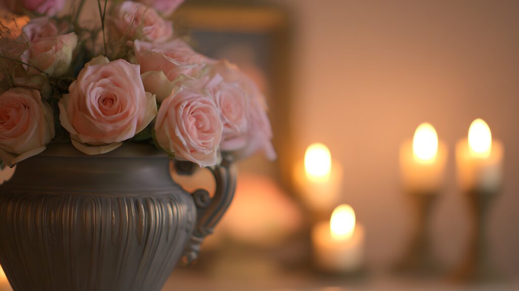 Heitere Gedenkszene mit rosa Rosen, sanft leuchtenden Kerzen, friedlicher Gedenkstimmung und eleganter Urne – Fotografie