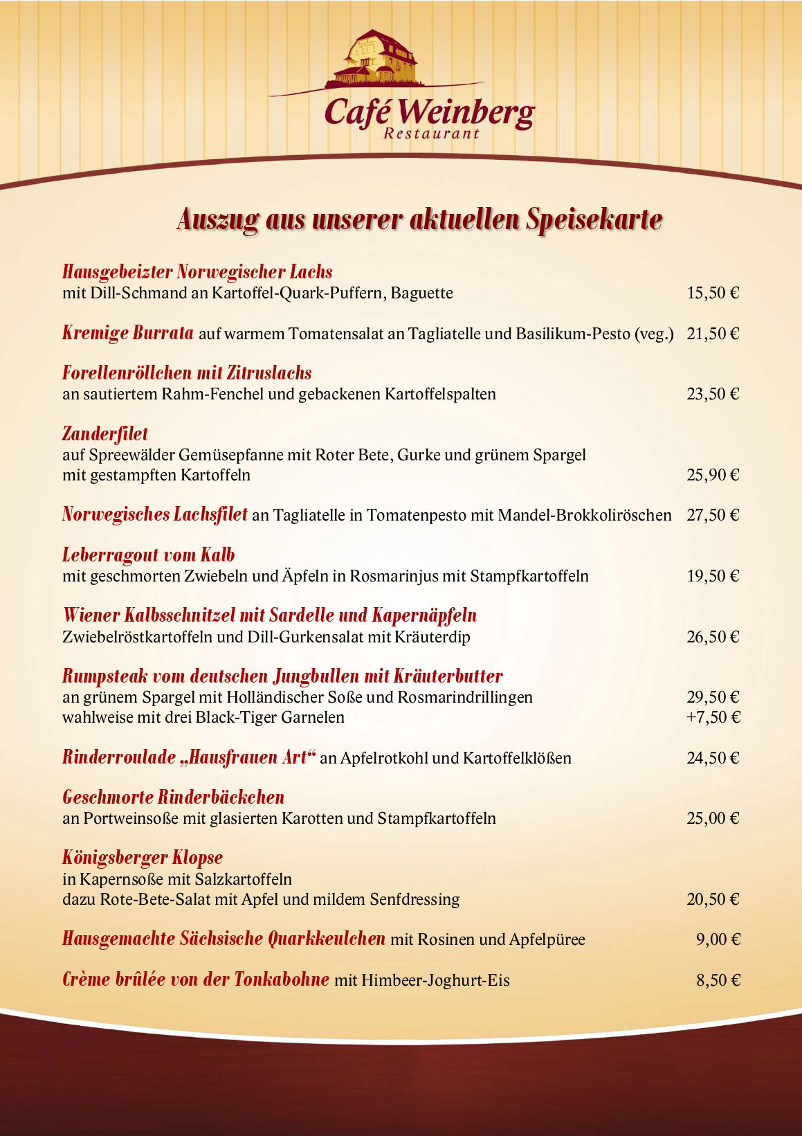Speisekarte Cafe Weinberg in Beige und Rot mit Gerichten und Preisen