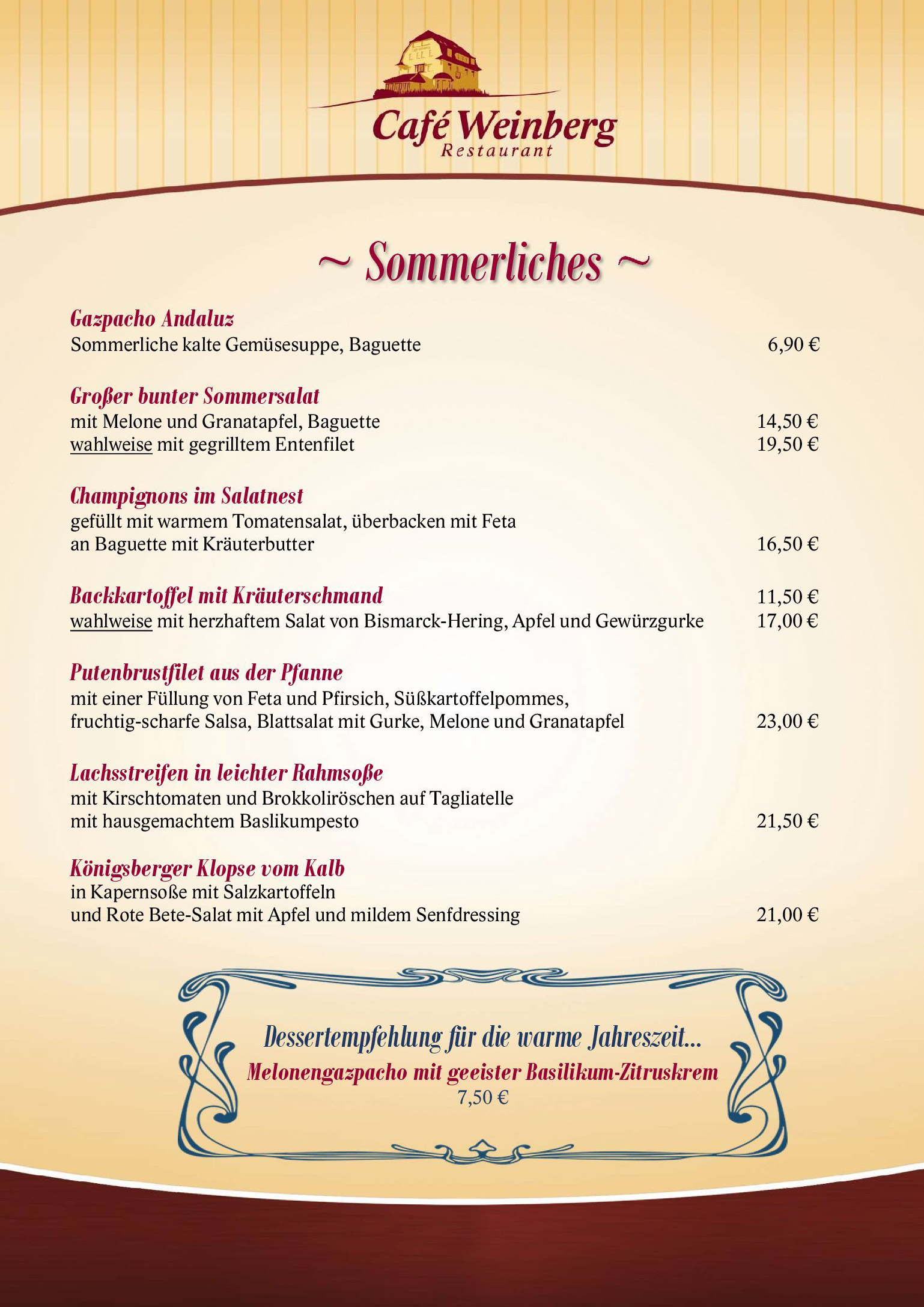 Speisekarte Sommerliches in Beige und Rot mit Café Weinberg Logo oben