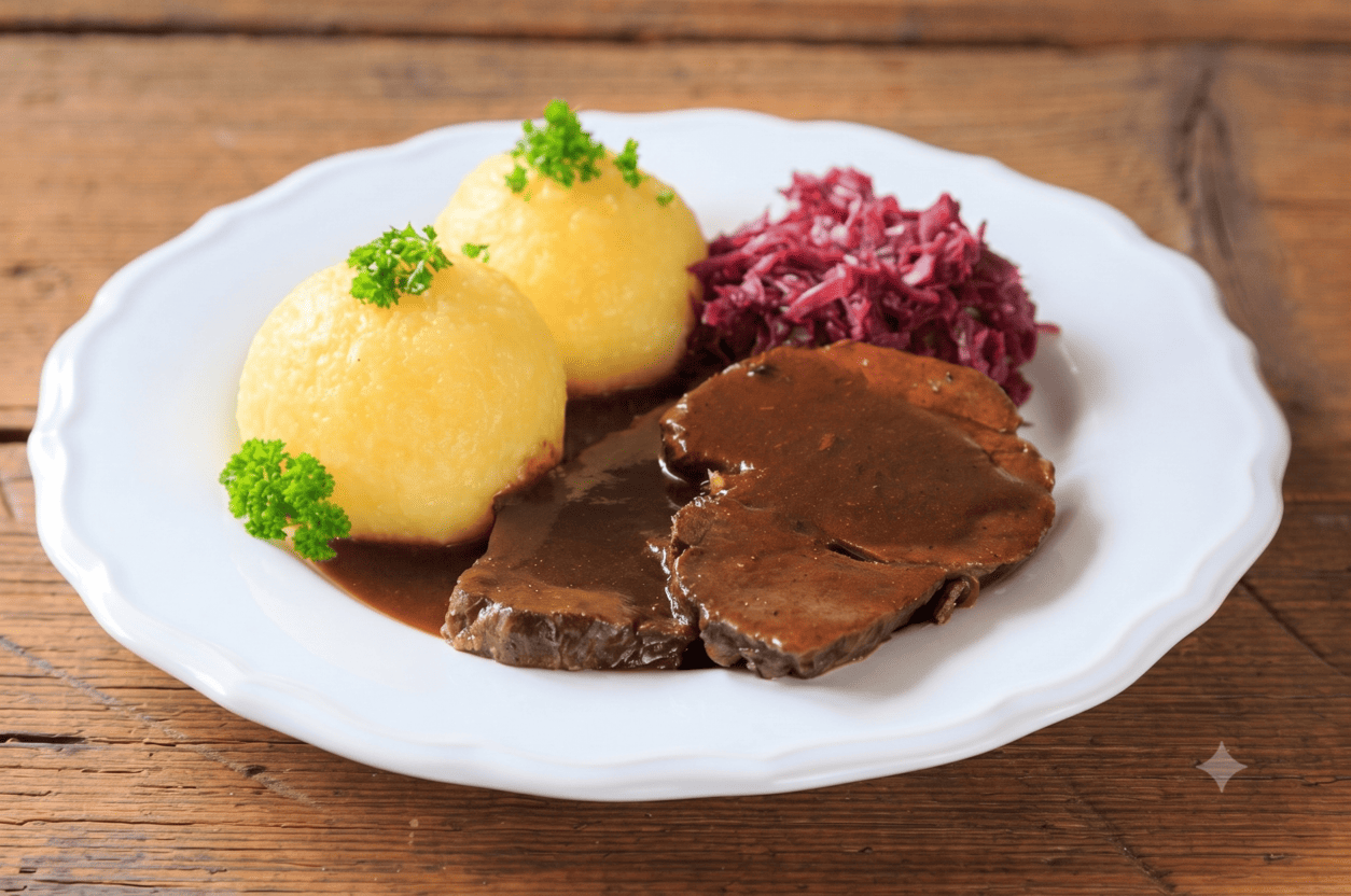 Sauerbraten mit Kartoffelknoedeln und Rotkohl auf weissem Teller