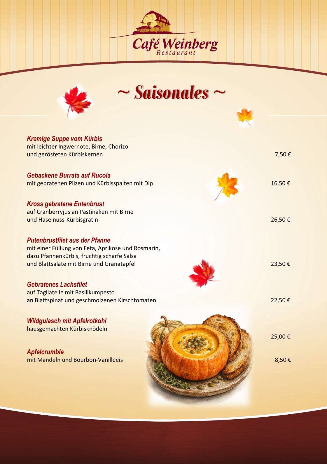 Herbstliche Speisekarte vom Cafe Weinberg mit Kuerbissuppe und Herbstblaettern